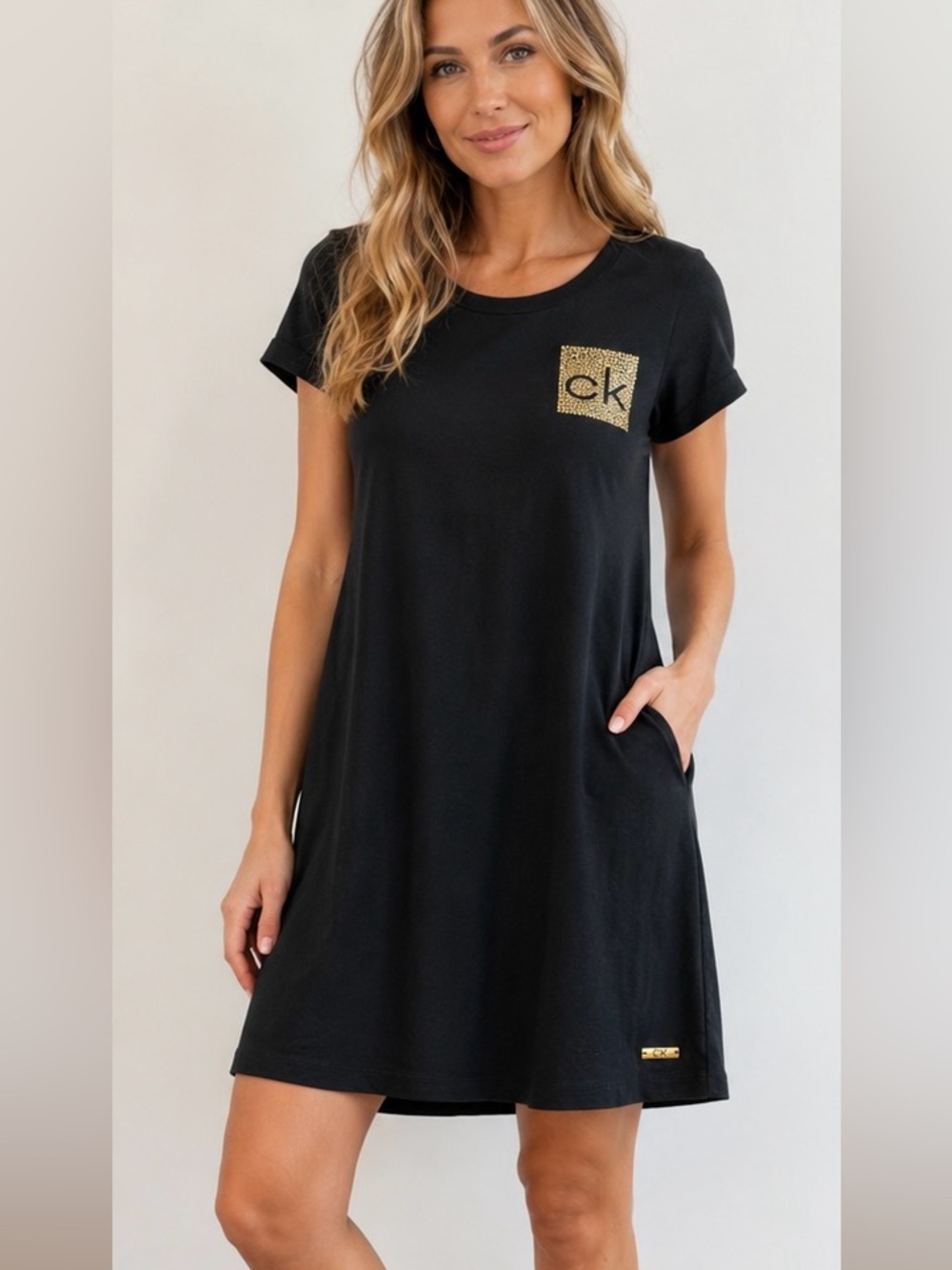 Calvin Klein Black Dress Gold sparkle CK Patch Pullover Tshirt style New NWT